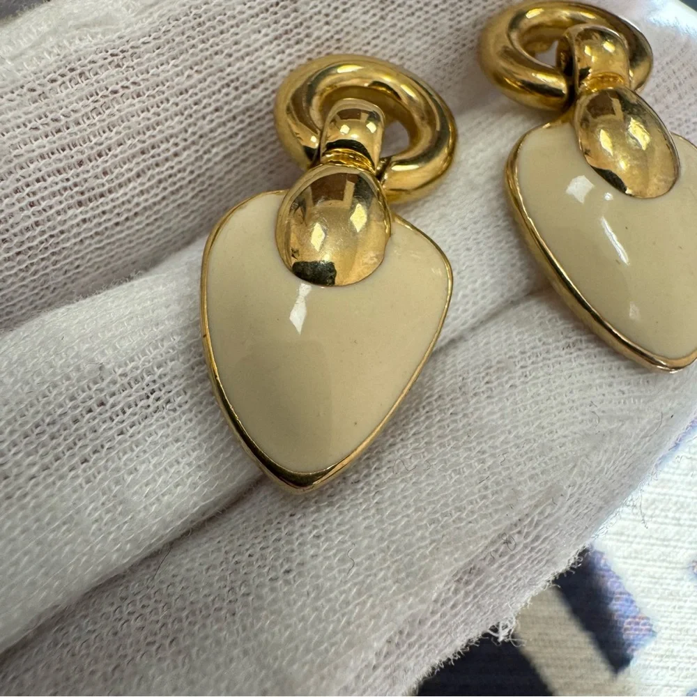 Vintage Givenchy Heart Drop Earrings Gold Tone Cream Enamel Signed
